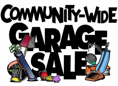 Image that says Community-wide garage sale in bold letters with various used items that would normally appear in a garage sale