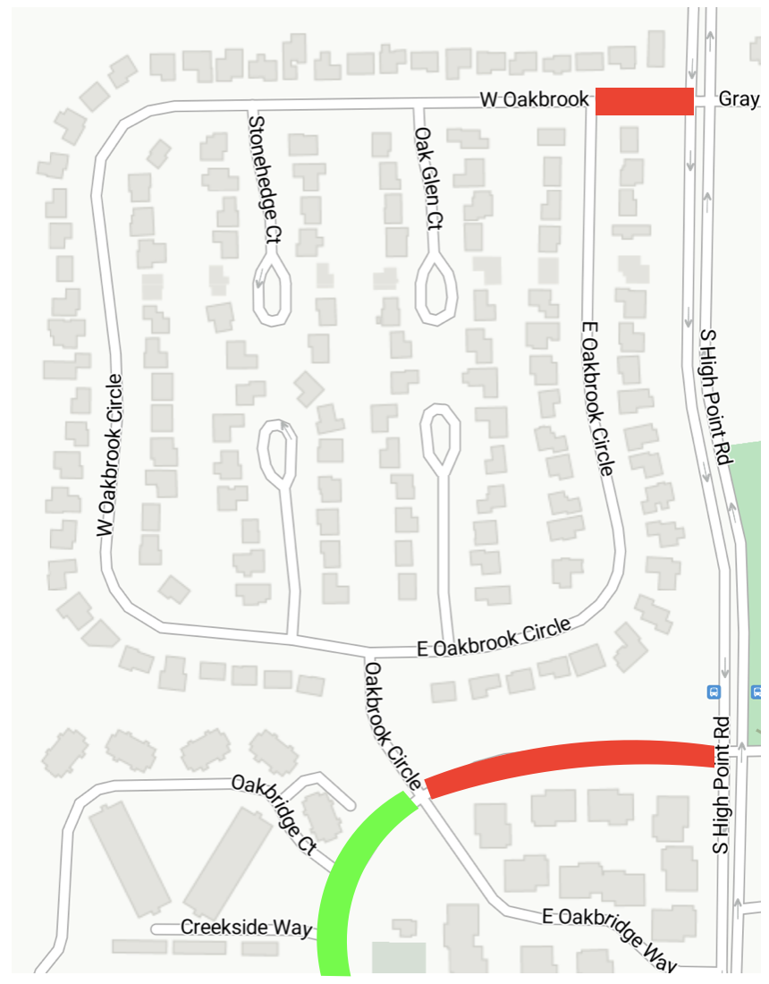 Map of Oakbridge neighborhood streets showing that areas that may be difficult to travel marked in red along South High Point Road and easier roads to travel marked in green along Tree Lane.